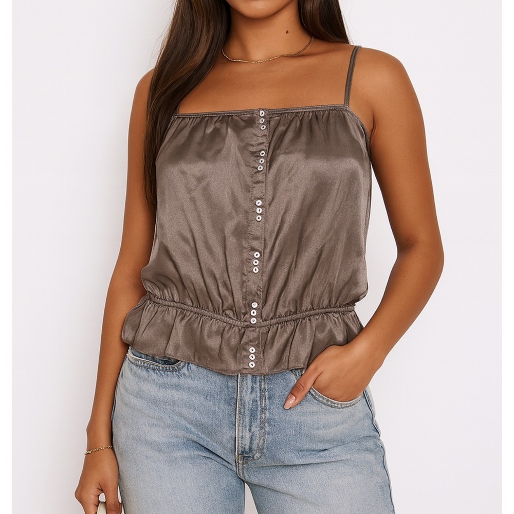 New GAP Y2K Silk Satin‎ Camisole Top Women Medium Brown Spaghetti Strap